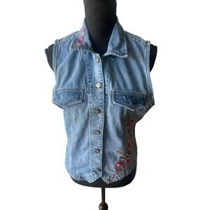 Vintage Glam Bill Blass Denim Vest Floral Embroidered Rhinestones Size M